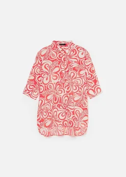 TARA JARMON Tallulah Ecru With Coral Graphic Design Top Clearance