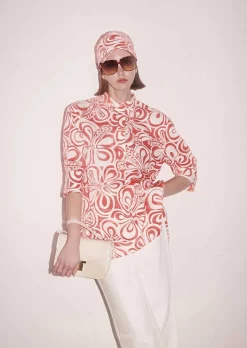 TARA JARMON Tallulah Ecru With Coral Graphic Design Top Clearance