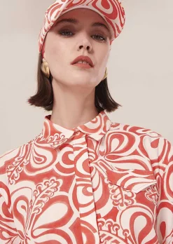 TARA JARMON Tallulah Ecru With Coral Graphic Design Top Clearance