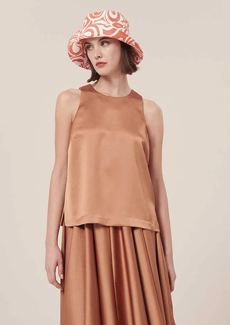 TARA JARMON Tellia Brown Top In Fluid Satin Hot