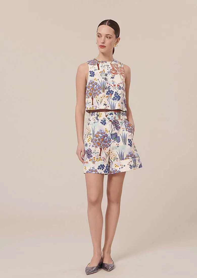 TARA JARMON Teresa Blue Floral Printed Linen And Cotton Top Store