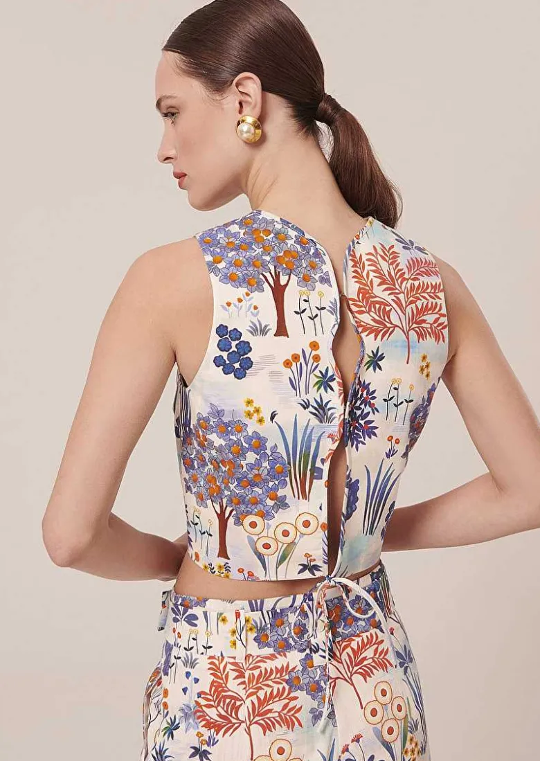 TARA JARMON Teresa Blue Floral Printed Linen And Cotton Top Store