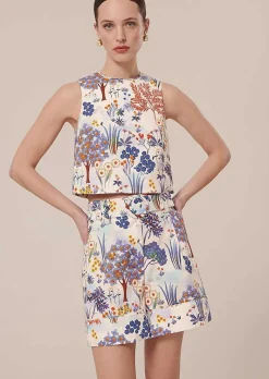 TARA JARMON Teresa Blue Floral Printed Linen And Cotton Top Store