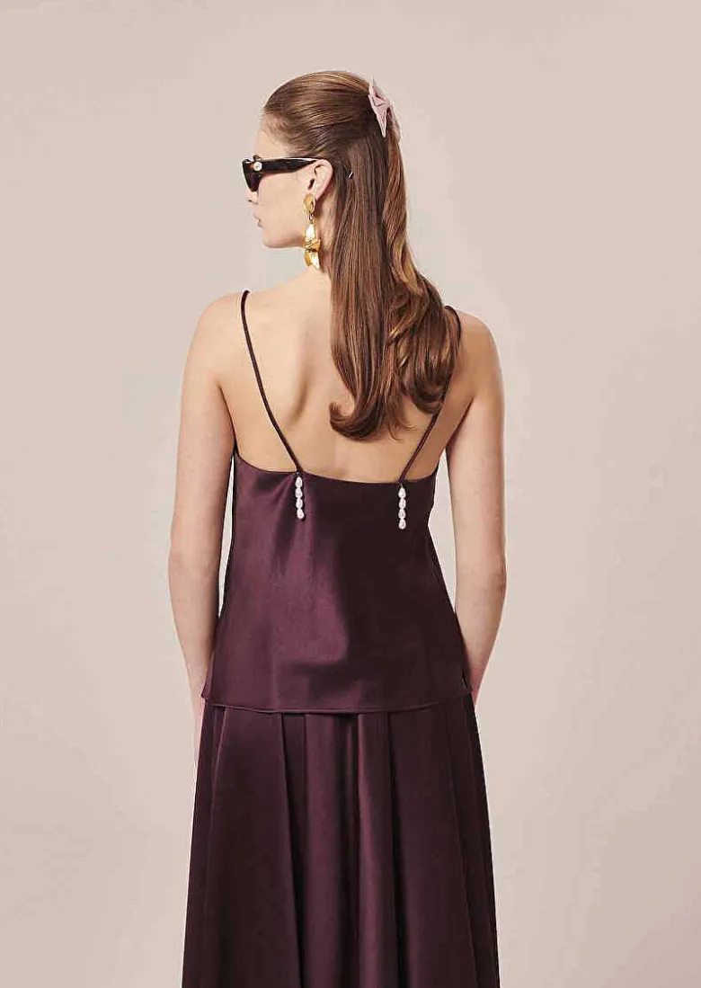 TARA JARMON Tess Brown Fluid Satin Top Outlet