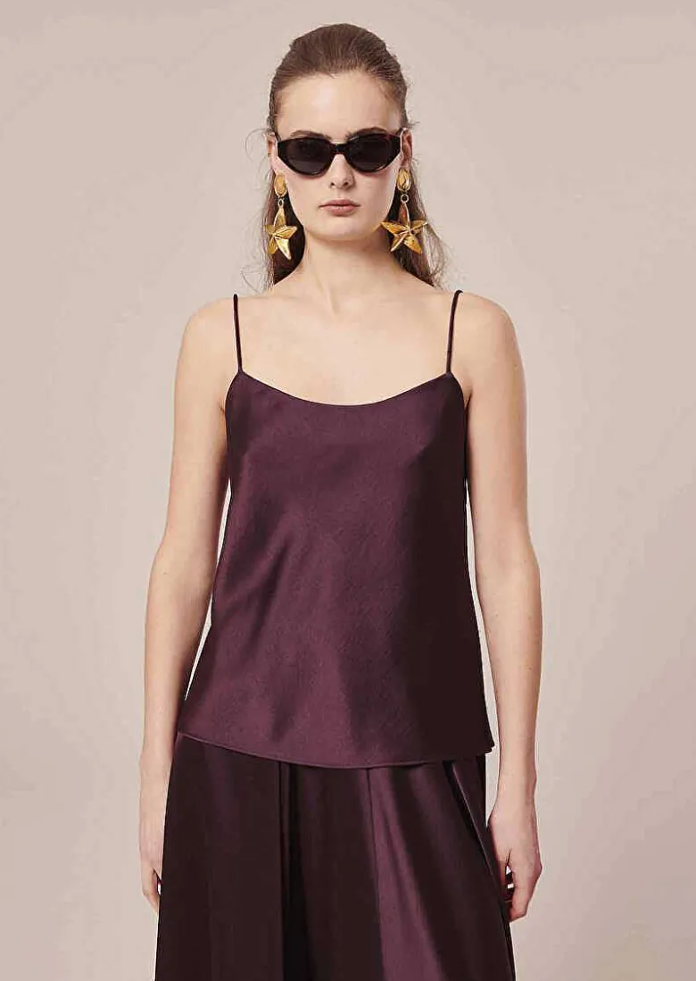 TARA JARMON Tess Brown Fluid Satin Top Outlet