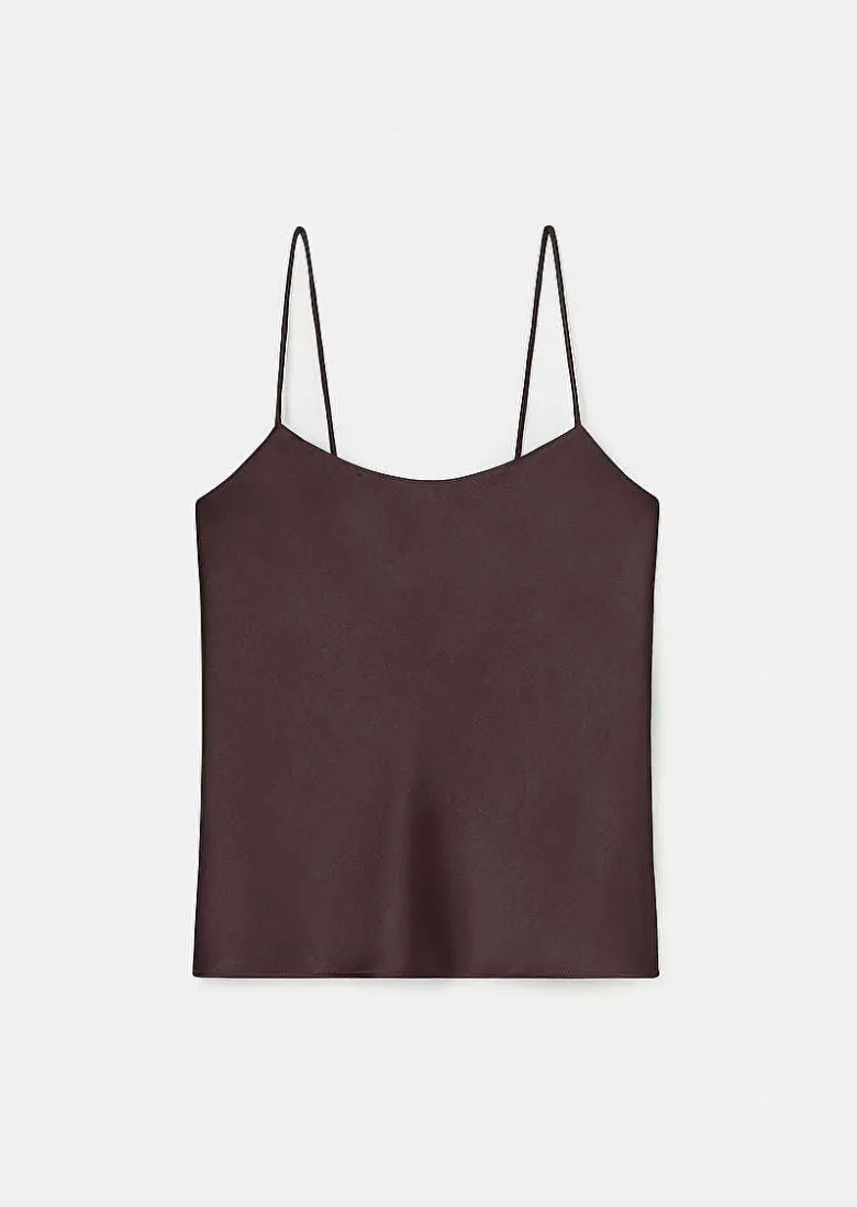 TARA JARMON Tess Brown Fluid Satin Top Outlet