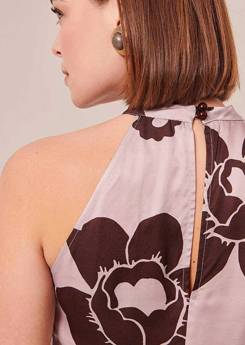 TARA JARMON Tierri Purple Flower Printed Satin Top Fashion
