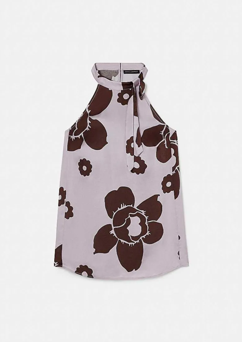 TARA JARMON Tierri Purple Flower Printed Satin Top Fashion
