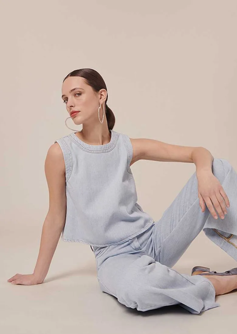 TARA JARMON Tokono Light Blue Denim Top Fashion