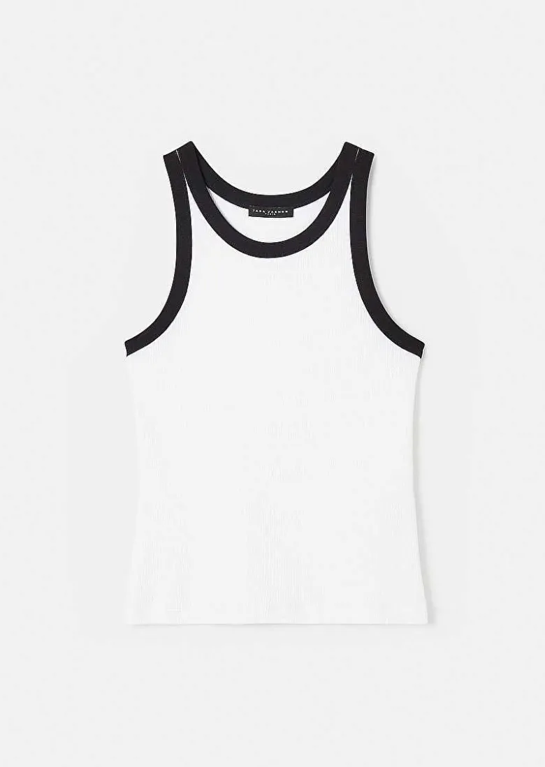 TARA JARMON Trish Black And White Ribbed Jersey T-Shirt Clearance