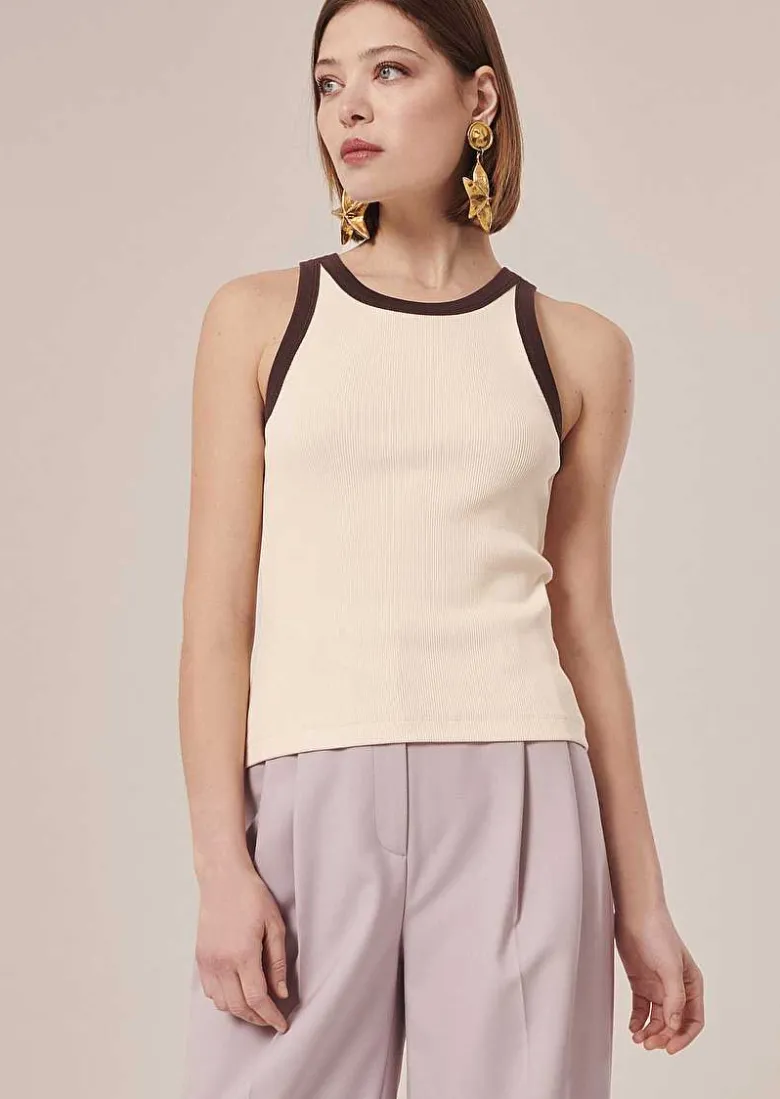 TARA JARMON Trish Ecru And Brown Ribbed Jersey T-Shirt Online