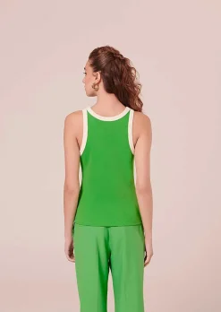 TARA JARMON Trish Green And White Ribbed Jersey Top Clearance