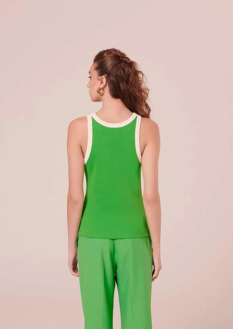 TARA JARMON Trish Green And White Ribbed Jersey Top Clearance