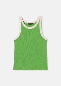 TARA JARMON Trish Green And White Ribbed Jersey Top Clearance